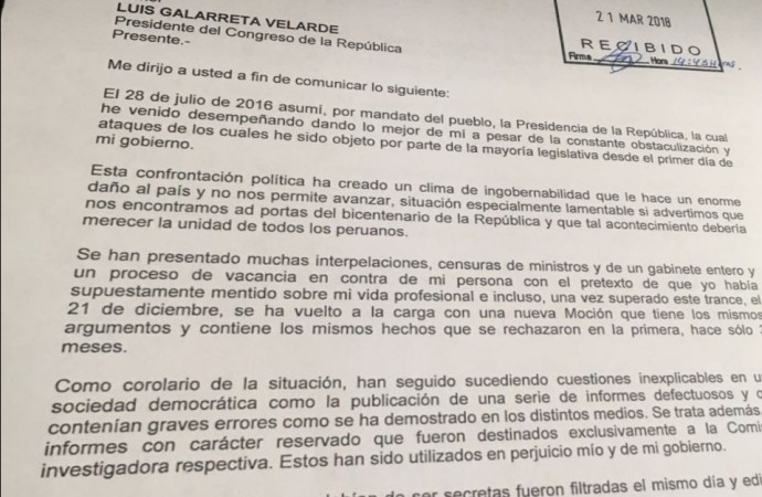 Carta de PPK al Congreso sobre su renuncia al cargo de presidente del Perú