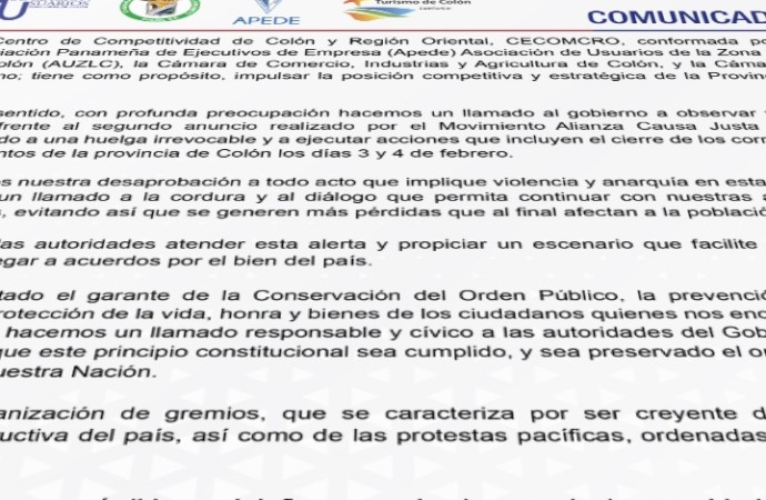 Centro de Competitividad de Colón y Región Oriental alerta sobre convocatoria de huelga irrevocable