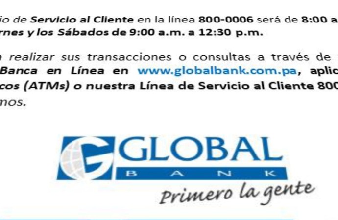 GlobalBank establece horarios rotativos en sucursales