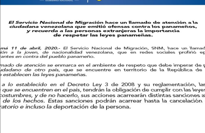 Servicio Nacional de Migración hace un llamado de atención a venezolana que emitió ofensas contra los panameños