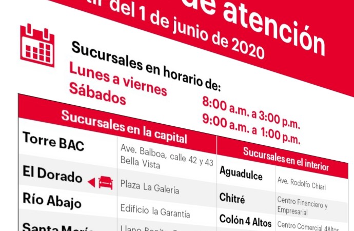BAC Credomatic Panamá anuncia horarios de atención a partir del 1 de junio próximo
