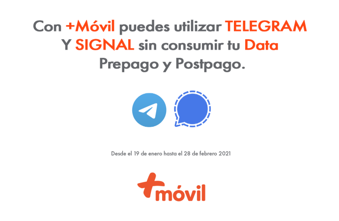 Usuarios de +Móvil tendrán a su disposición de manera gratuita acceso a las Apps de mensajería Telegram y Signal
