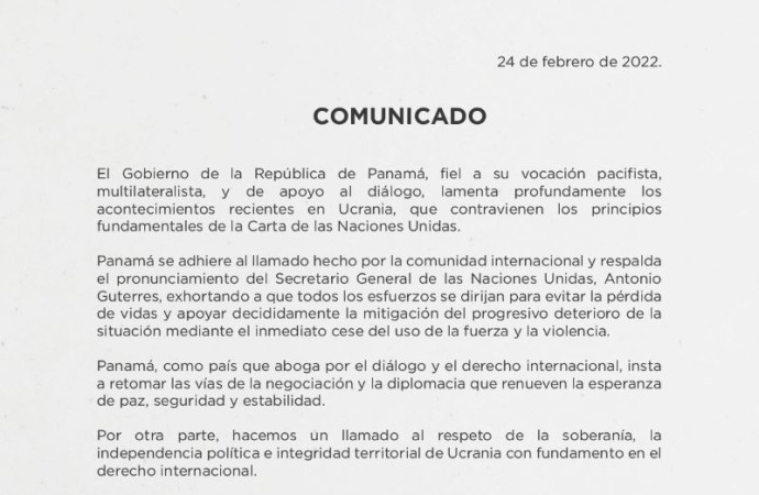 Panamá se adhiere al llamado de la comunidad internacional y respalda cese inmediato del uso de la fuerza y la violencia en Ucrania